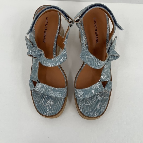 Lucky Brand Demmia wedge platform wood sandal shoe strappy printed denim new 8 - Picture 5 of 7